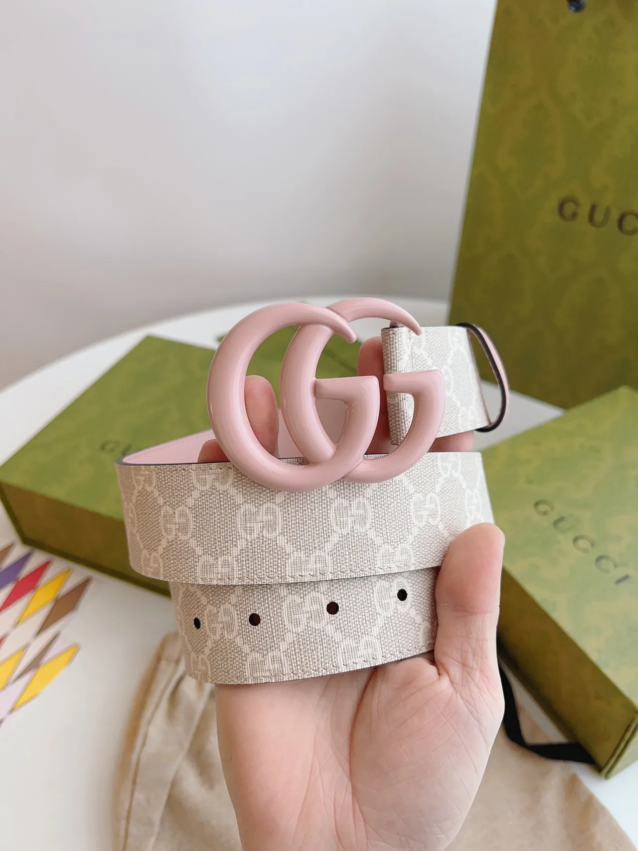 Gucci GG Marmont Pink Beige Interlocking G Resin Buckle Monogram Canvas Webbing Leather Belt 5