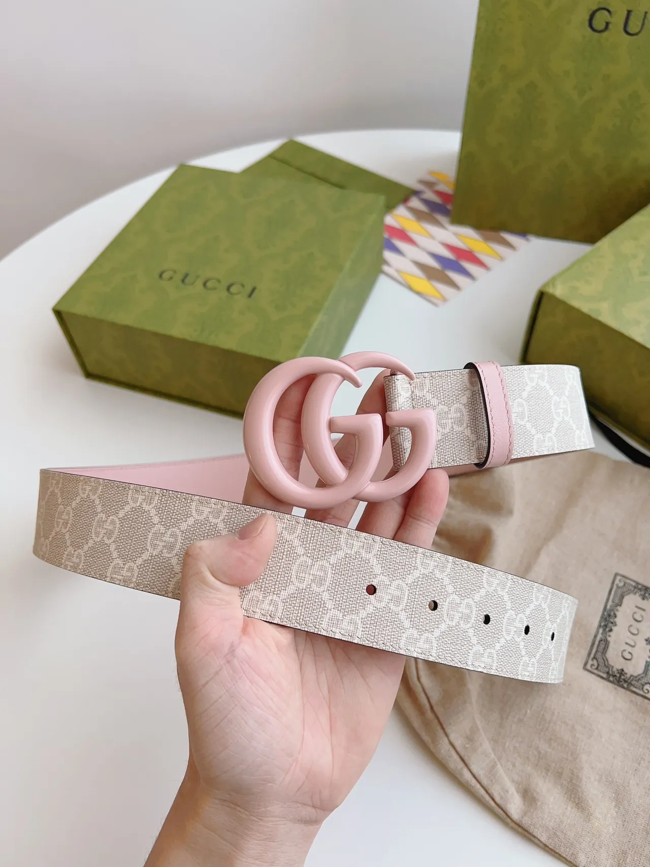 Gucci GG Marmont Pink Beige Interlocking G Resin Buckle Monogram Canvas Webbing Leather Belt 6