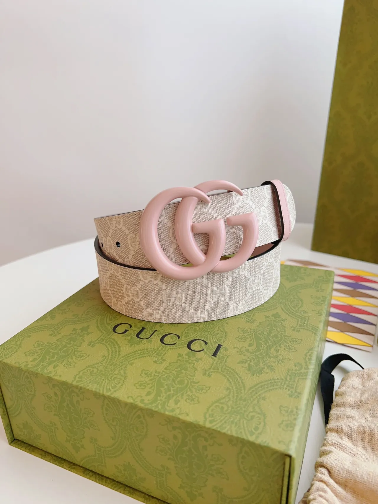 Gucci GG Marmont Pink Beige Interlocking G Resin Buckle Monogram Canvas Webbing Leather Belt 7