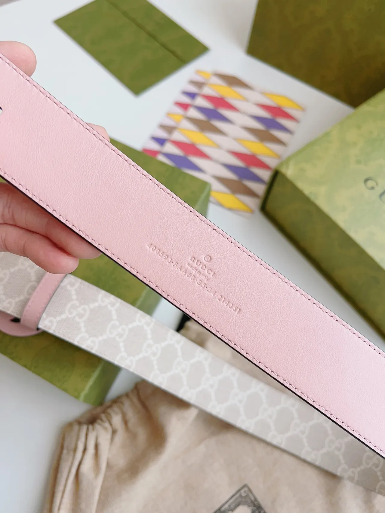Gucci GG Marmont Pink Beige Interlocking G Resin Buckle Monogram Canvas Webbing Leather Belt 8