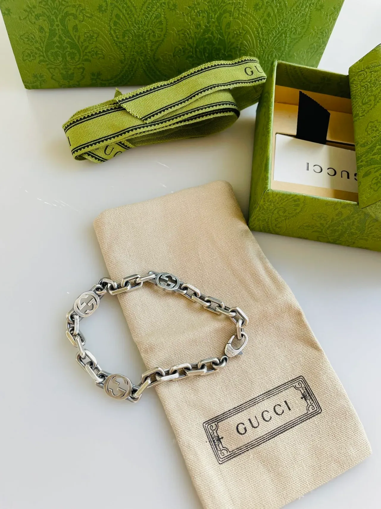 Gucci GG Marmont Silver Green Chunky Link Chain Interlocking Medallions Bracelet 3