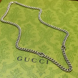 Gucci GG Marmont Silver Green Twisted Curb-Link Chain Interlocking G Logo Charms Necklace