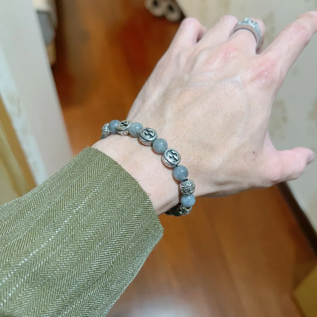 Gucci Gray Silver Beaded Stone And Metal Bracelet 5