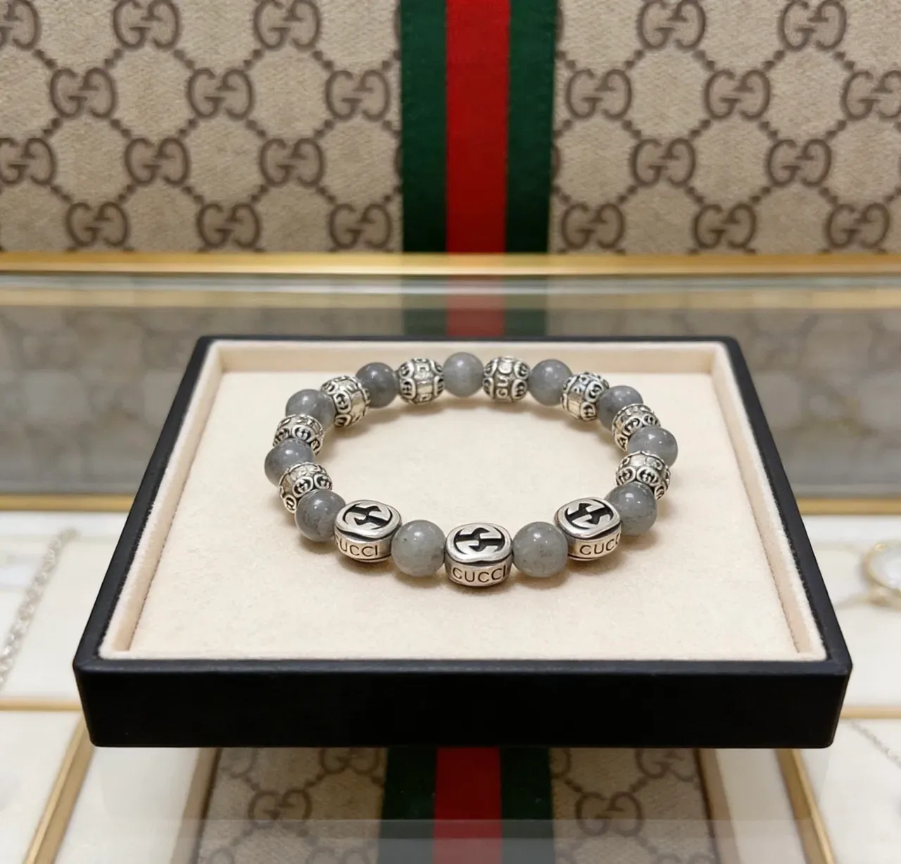 Gucci Gray Silver Beaded Stone And Metal Bracelet 9