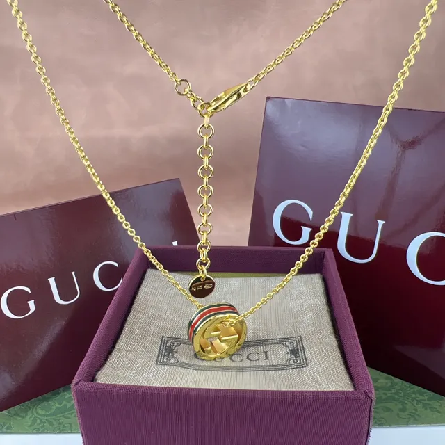 Gucci Green Red Cylindrical Pendant Enamel Stripe Detail Necklace 3