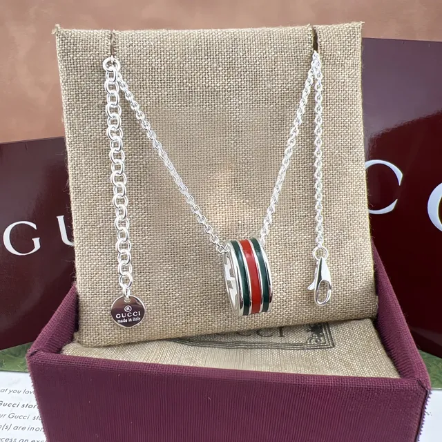 Gucci Green Red Cylindrical Pendant Enamel Stripe Detail Necklace 5