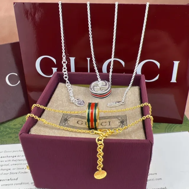 Gucci Green Red Cylindrical Pendant Enamel Stripe Detail Necklace 6