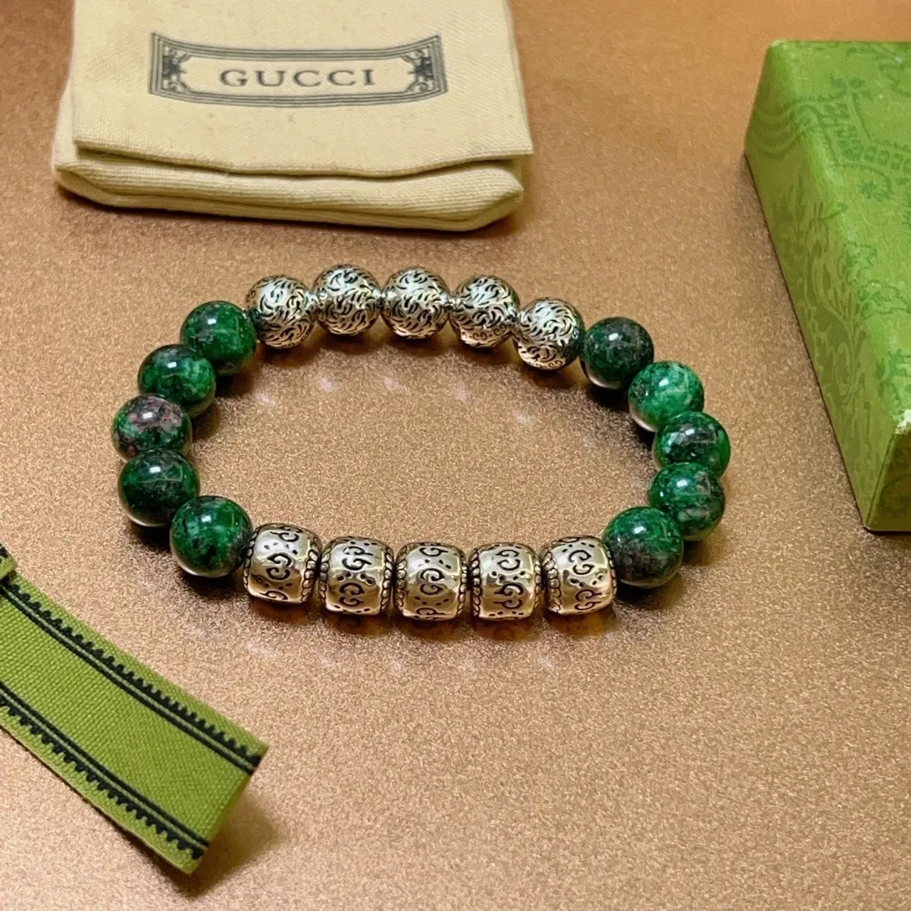 Gucci Green Stone and Ornate Silver Bead Bracelet 9