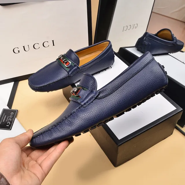 Gucci Horsebit 1955 Navy Blue Pebbled Leather Loafers 7