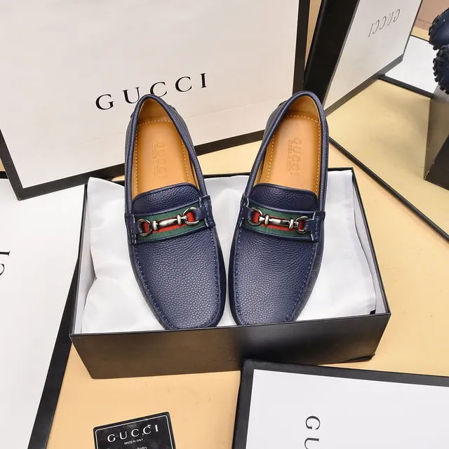 Gucci Horsebit 1955 Navy Blue Pebbled Leather Loafers 8