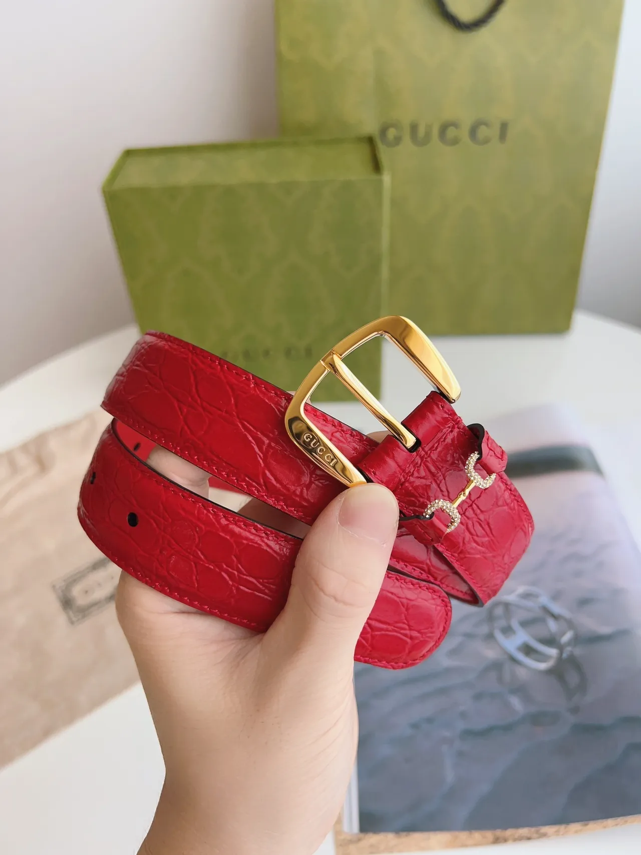 Gucci Horsebit 1955 Red Crocodile-Embossed Leather Belt 2
