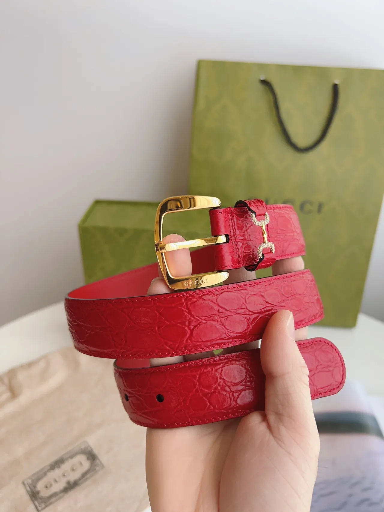 Gucci Horsebit 1955 Red Crocodile-Embossed Leather Belt 3
