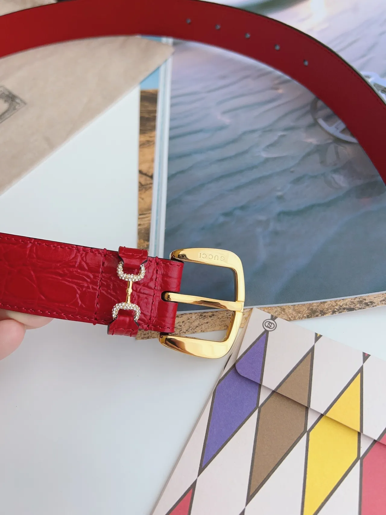 Gucci Horsebit 1955 Red Crocodile-Embossed Leather Belt 4