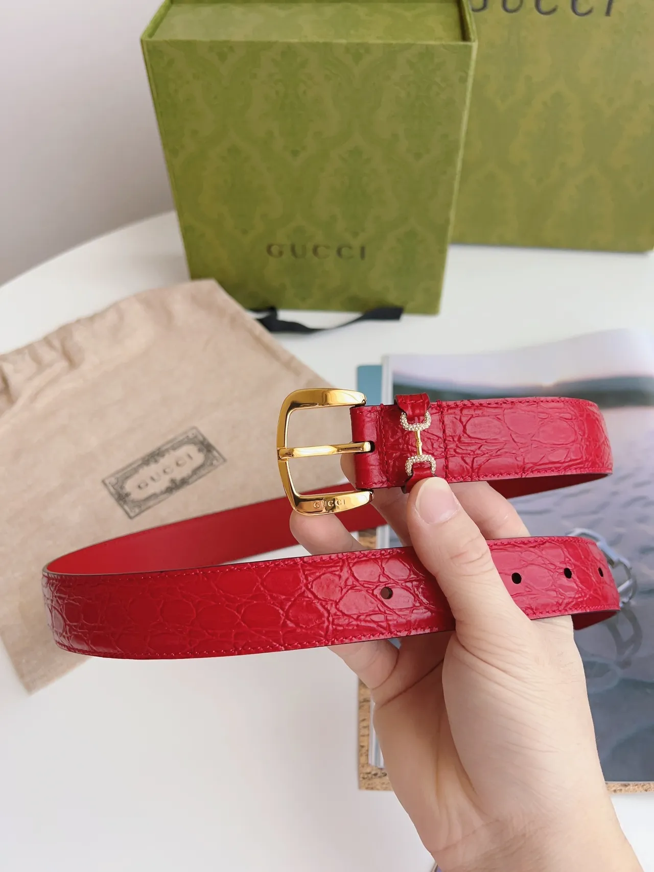 Gucci Horsebit 1955 Red Crocodile-Embossed Leather Belt 5