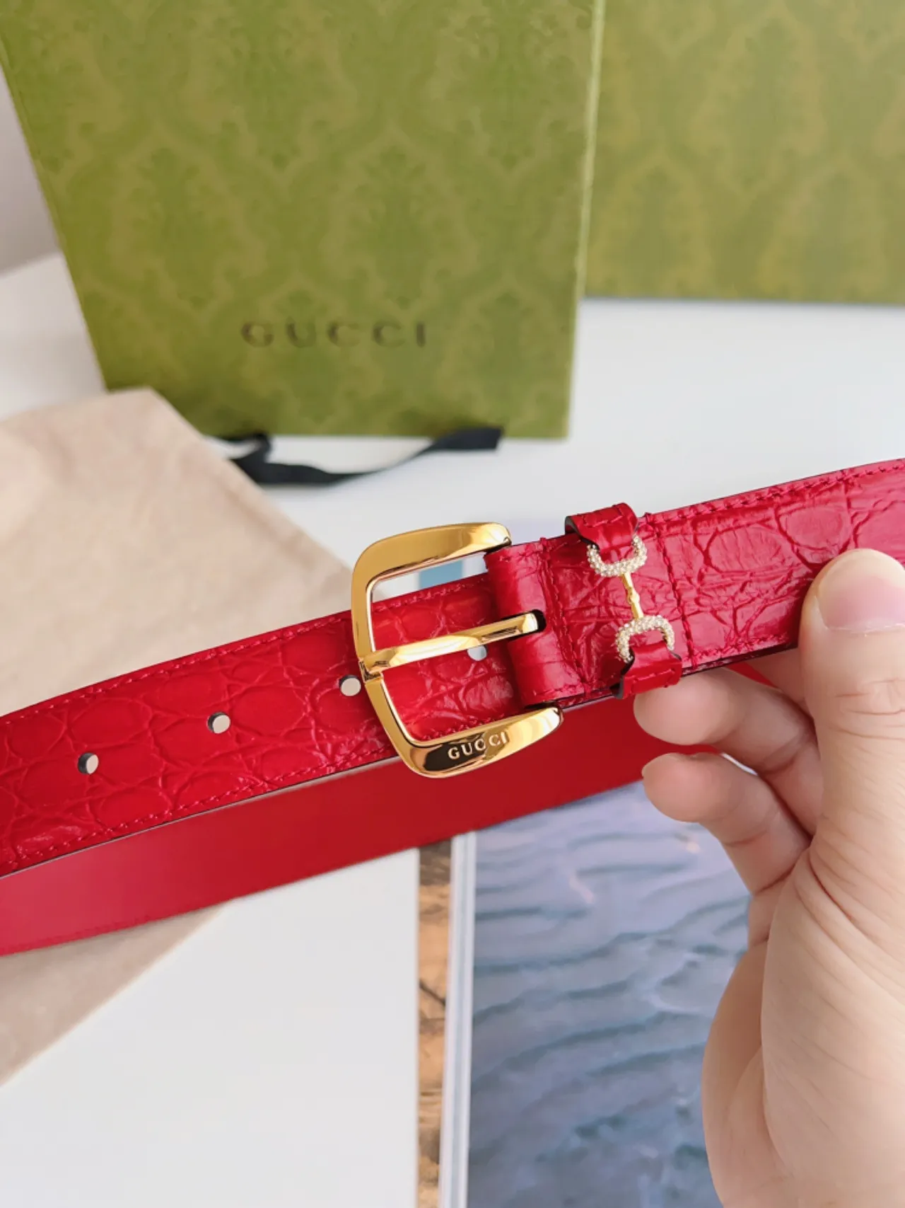Gucci Horsebit 1955 Red Crocodile-Embossed Leather Belt 7