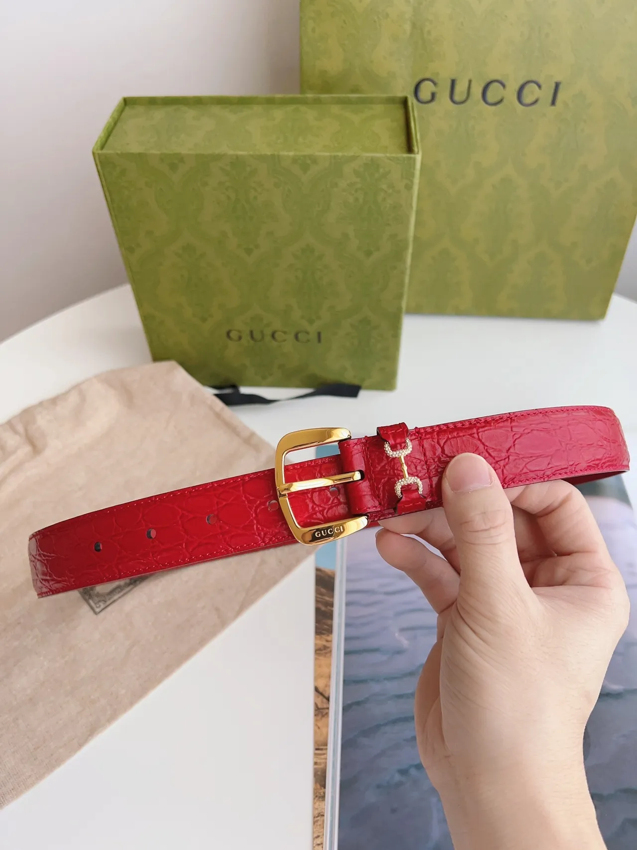 Gucci Horsebit 1955 Red Crocodile-Embossed Leather Belt 8