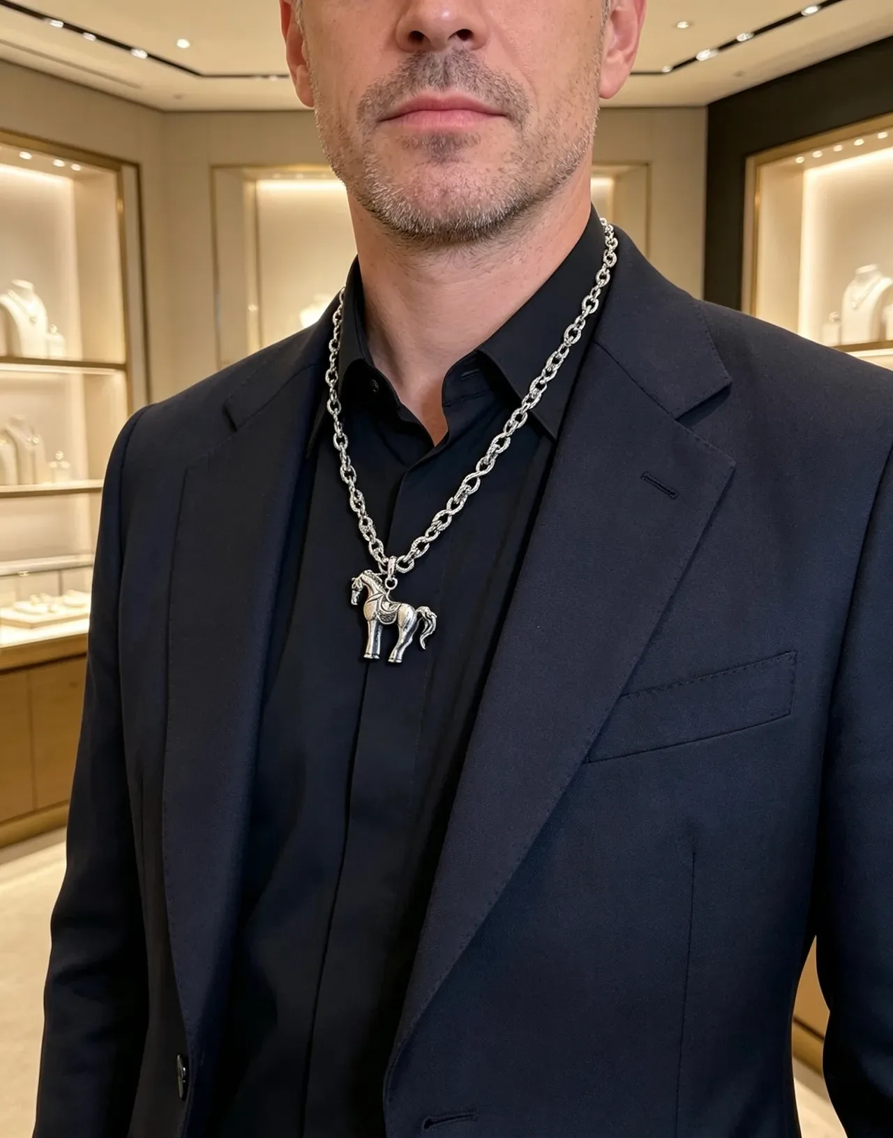Gucci Horsebit 1955 银米色扭链雕塑马吊坠项链 4