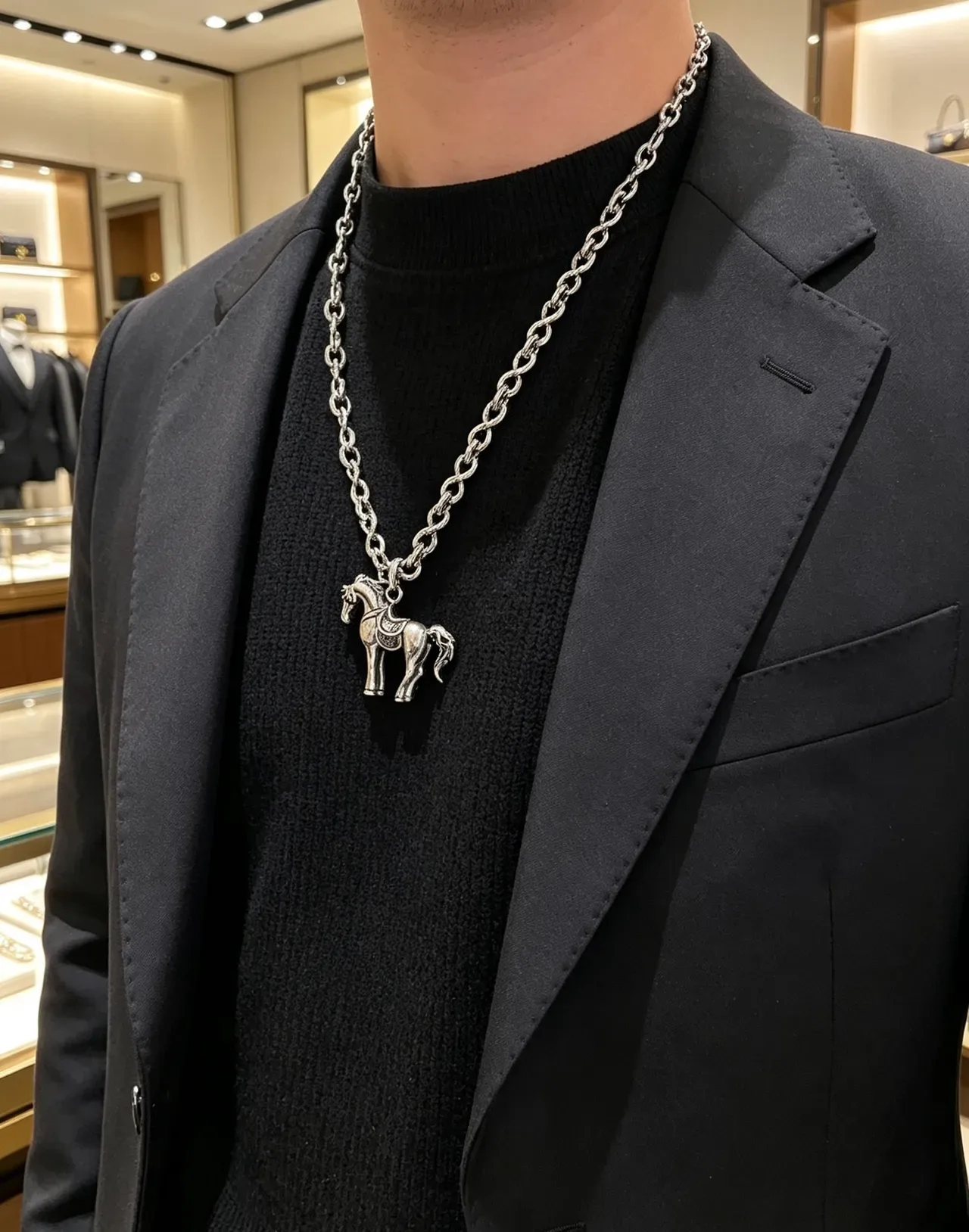 Gucci Horsebit 1955 银米色扭链雕塑马吊坠项链 8