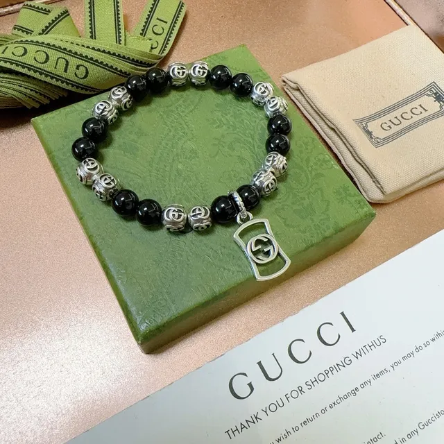 Gucci Interlocking G Bracelet Motif Noir Argent à perles 4