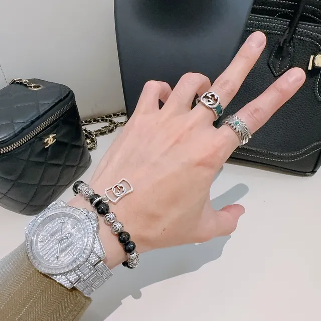 Gucci Interlocking G Bracelet Motif Noir Argent à perles 5