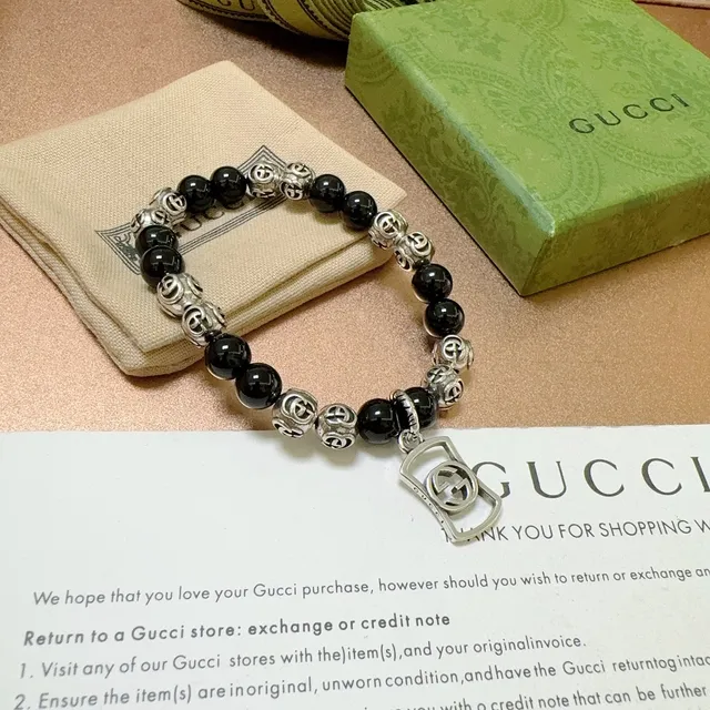 Gucci Interlocking G Bracelet Motif Noir Argent à perles 6