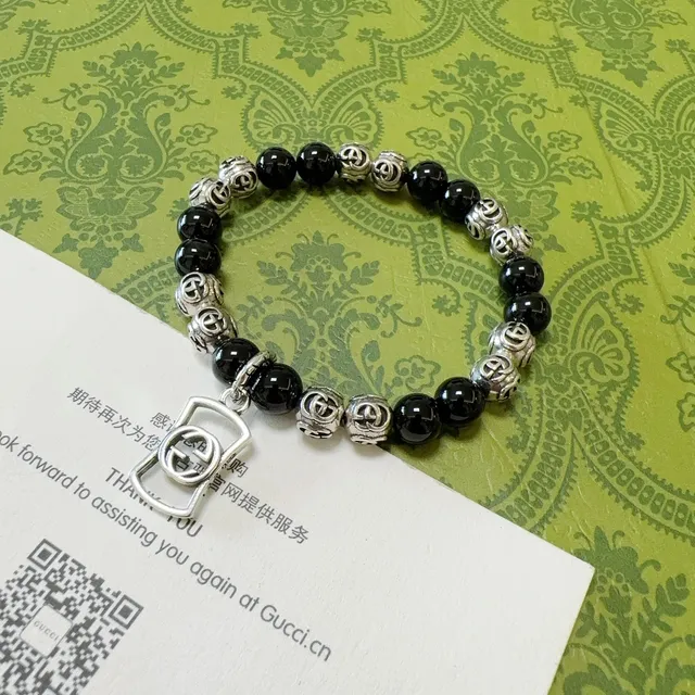 Gucci Interlocking G Bracelet Motif Noir Argent à perles 7