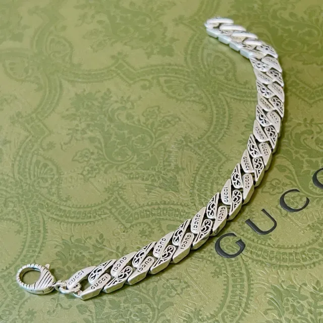Gucci Link to Love Silver Wide Chain Engraved Branding Bracelet 6