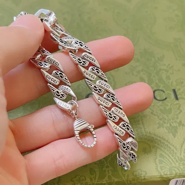 Gucci Link to Love Silver Wide Chain Engraved Branding Bracelet 9