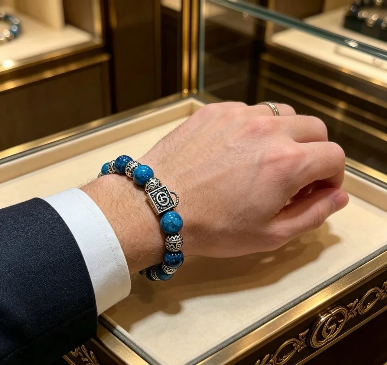 Gucci Lock Blue Silver Beaded Metal Charms Bracelet 5