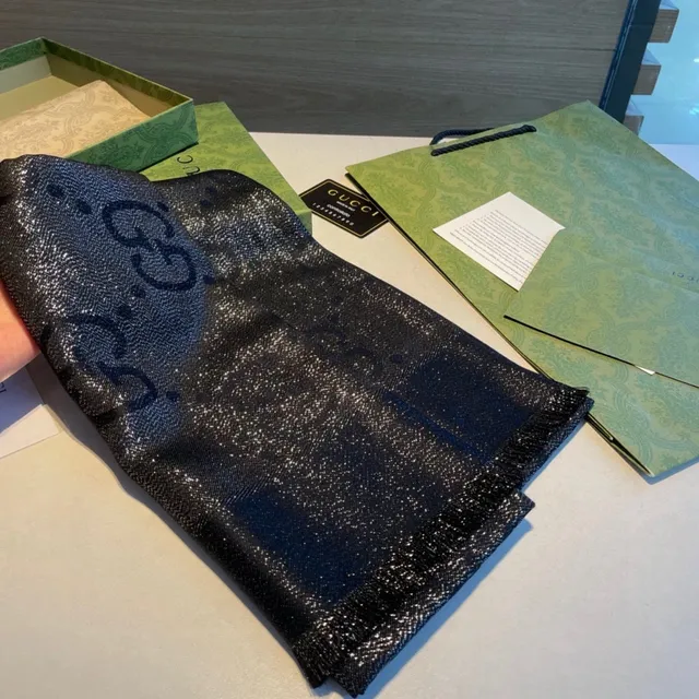 Gucci Metallic Monogram Fringed Black Silk Scarf 5