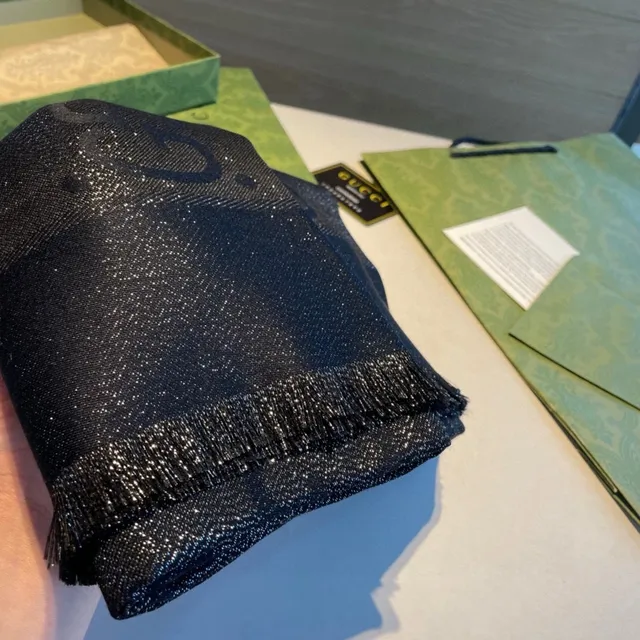 Gucci Metallic Monogram Fringed Black Silk Scarf 6