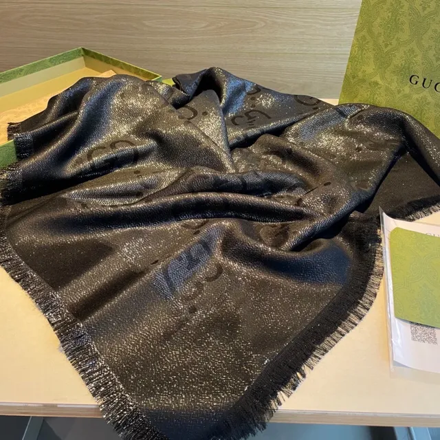 Gucci Metallic Monogram Fringed Black Silk Scarf 7