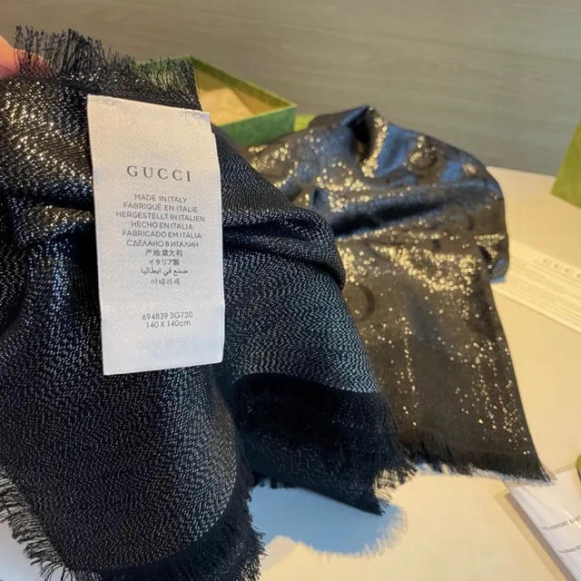 Gucci Metallic Monogram Fringed Black Silk Scarf 8