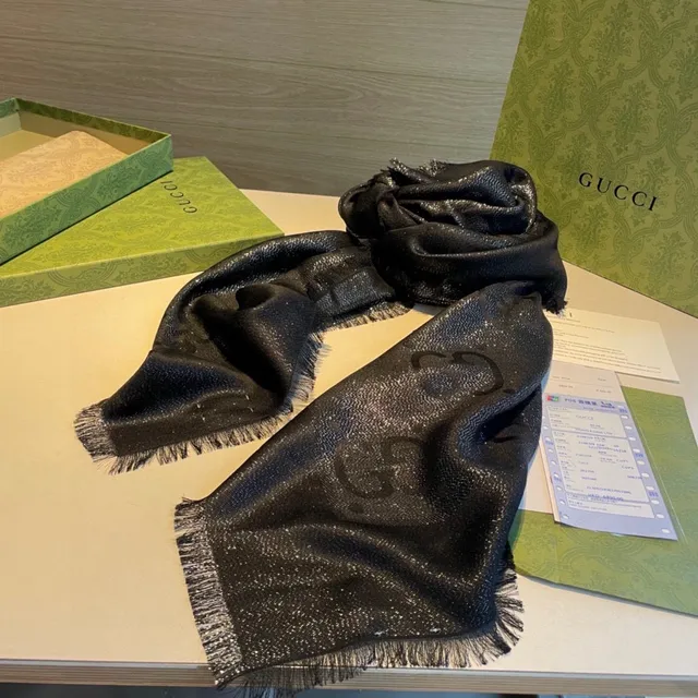 Gucci Metallic Monogram Fringed Black Silk Scarf 9
