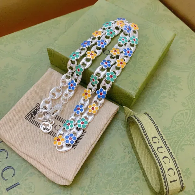 Gucci Multicolor Silver Enamel Floral Links Chain Necklace 4
