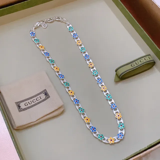 Gucci Multicolor Silver Enamel Floral Links Chain Necklace 9