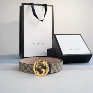 Gucci Ophidia 米色金色 GG Monogram 帆布 Interlocking G 扣 皮带