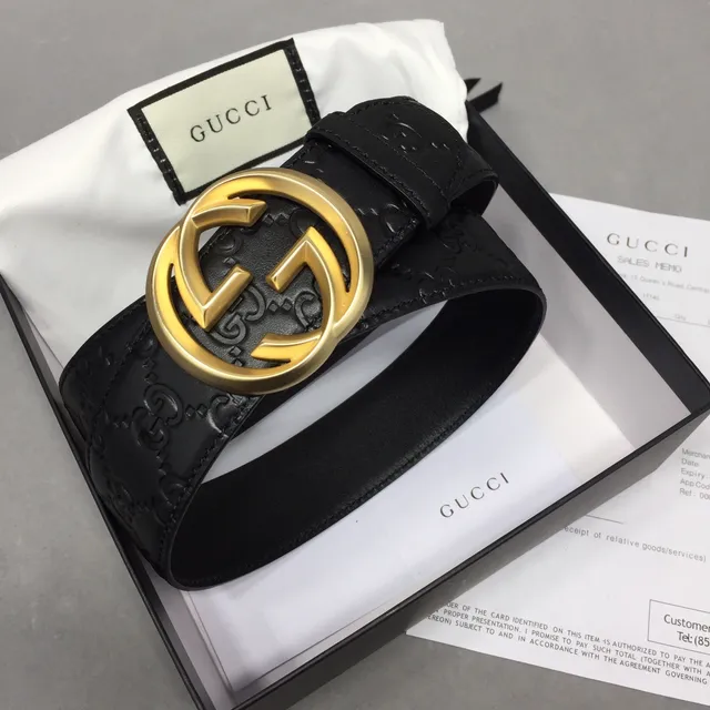 Ceinture en cuir Gucci Ophidia noir doré embossé GG Monogram boucle Interlocking G 2