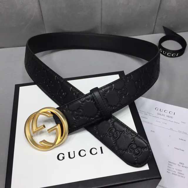 Ceinture en cuir Gucci Ophidia noir doré embossé GG Monogram boucle Interlocking G 6