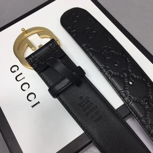 Ceinture en cuir Gucci Ophidia noir doré embossé GG Monogram boucle Interlocking G 8