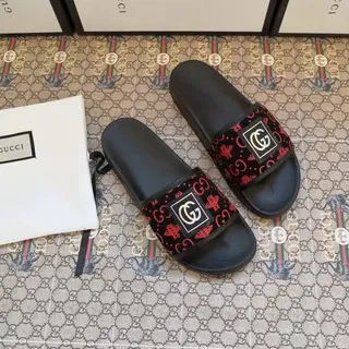 Gucci Ophidia Negro Rojo Interlocking GG Logo Patrón Monograma Correa Sandalias