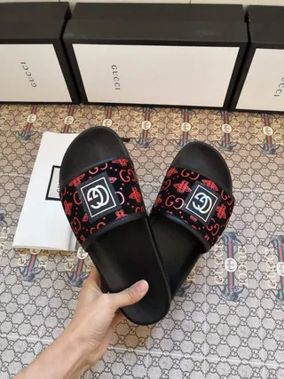 Gucci Ophidia Black Red Interlocking GG Logo Monogram-Patterned Strap Slippers 5