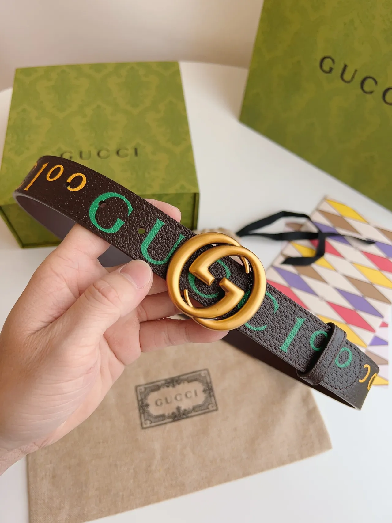 Gucci Ophidia Multicolor Logo Print Leather Belt 4