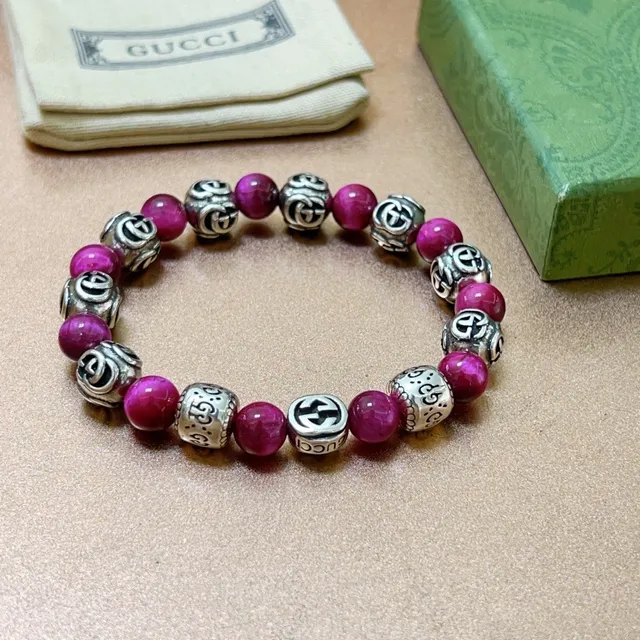 Gucci Pink Silver Beaded Stretch Interlocking G Logo Bracelet 6