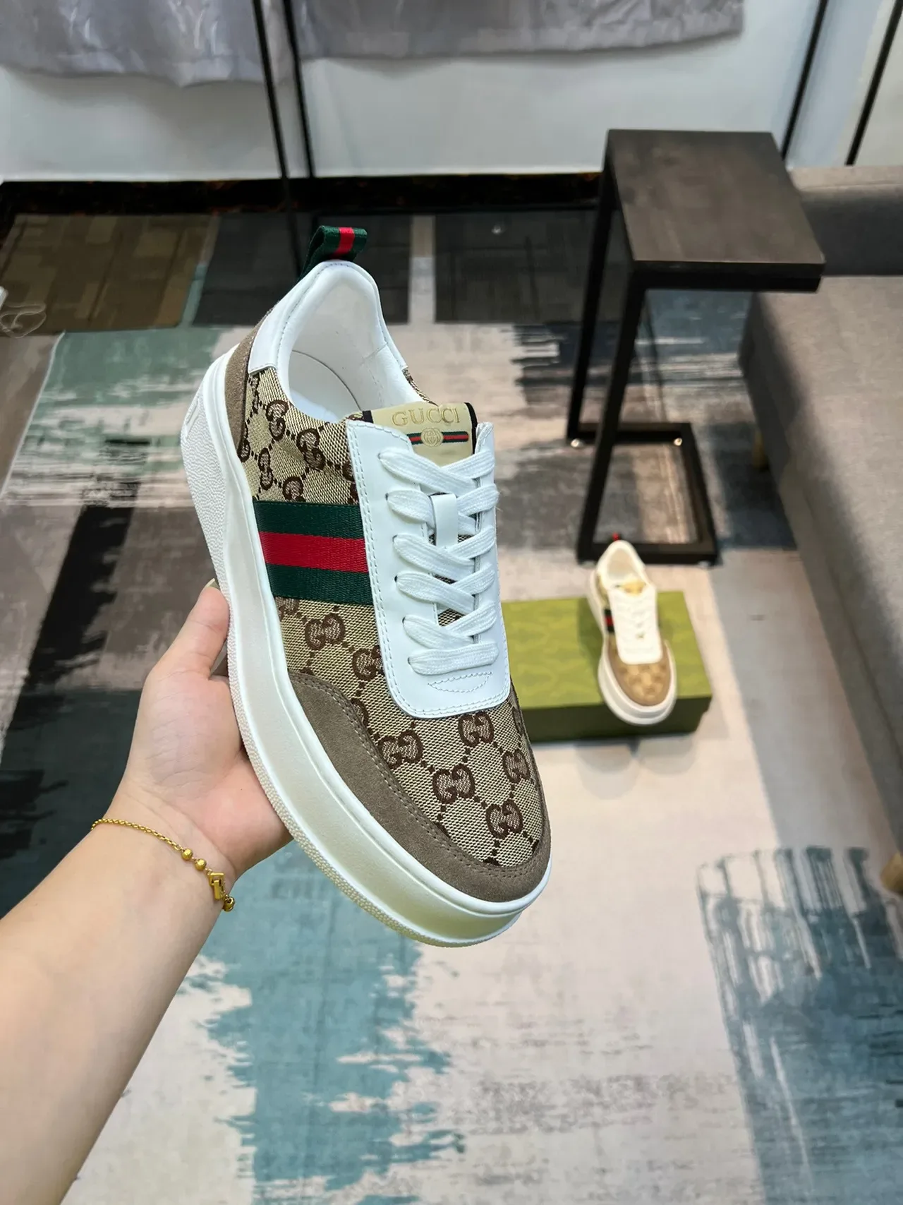 Gucci Screener Beige Monogram Web Stripe Lifestyle Sneakers 6