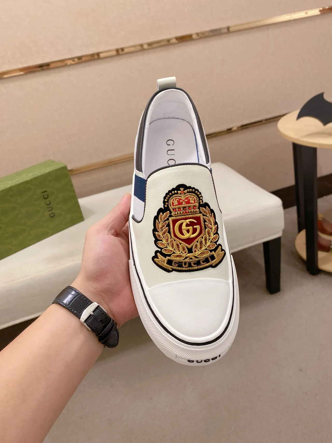 Gucci Screener Embroidered Crest White Loafer 2