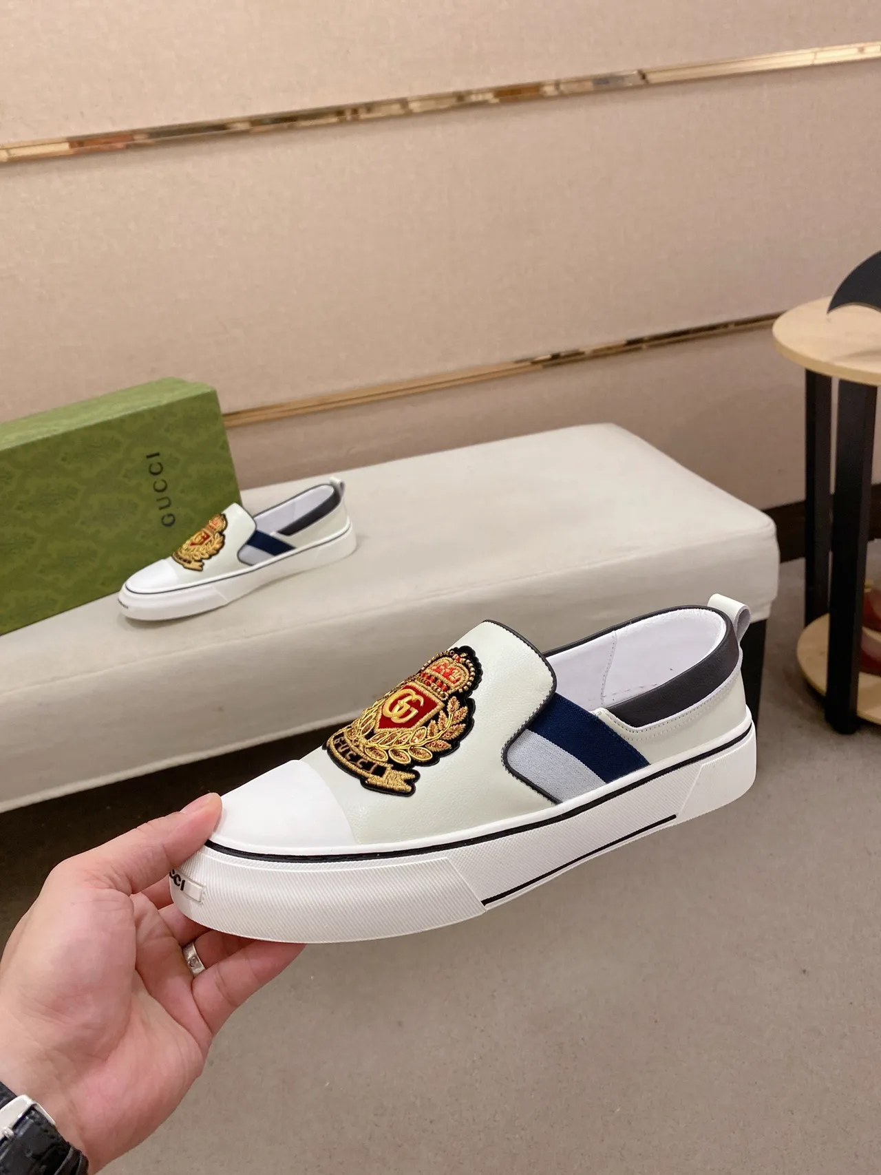 Gucci Screener Embroidered Crest White Loafer 3