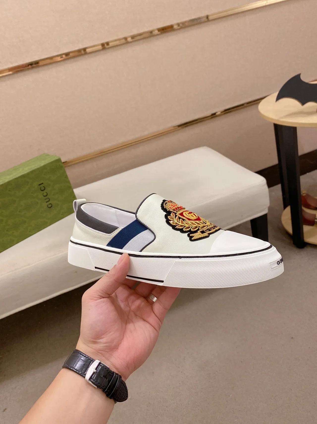 Gucci Screener Embroidered Crest White Loafer 4