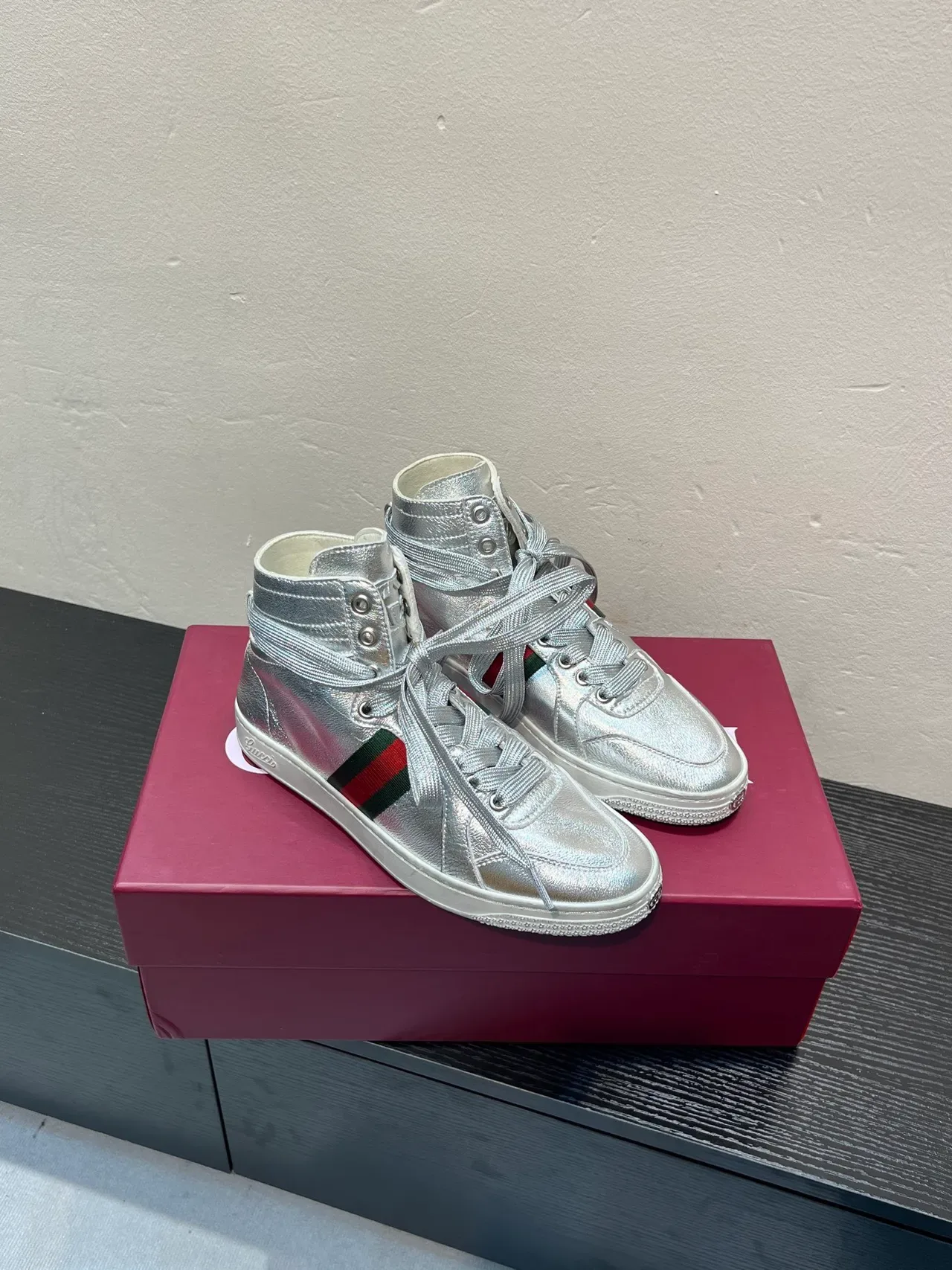 Gucci Screener Metallic Silver Web Stripe Lifestyle Sneaker 5