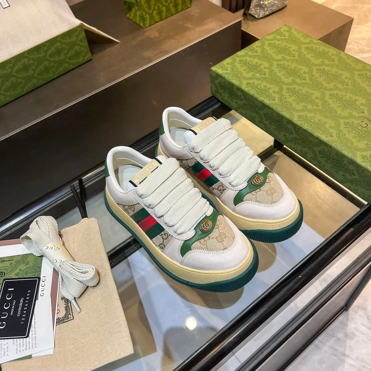 Gucci Screener Off-White এবং Beige GG Monogram Web Stripe লাইফস্টাইল স্নিকার 7
